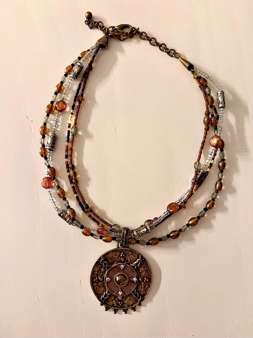 Chico's Beaded Pendant Necklace in Brown & Gold Like New